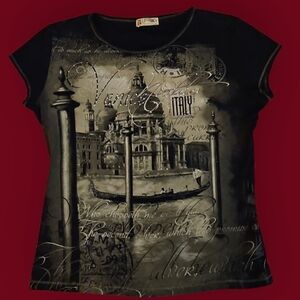 Vtg BLUE CANYON Y2k Black Venice Italy Embellished Baddie Graphic Tee